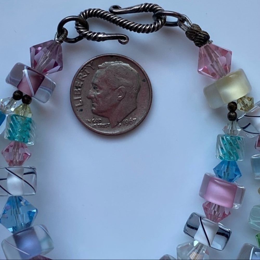 Artisan 925 Sterling Silver Pastel Pink Blue Crystal Glass Beaded Bracelet NEW - Picture 7 of 11